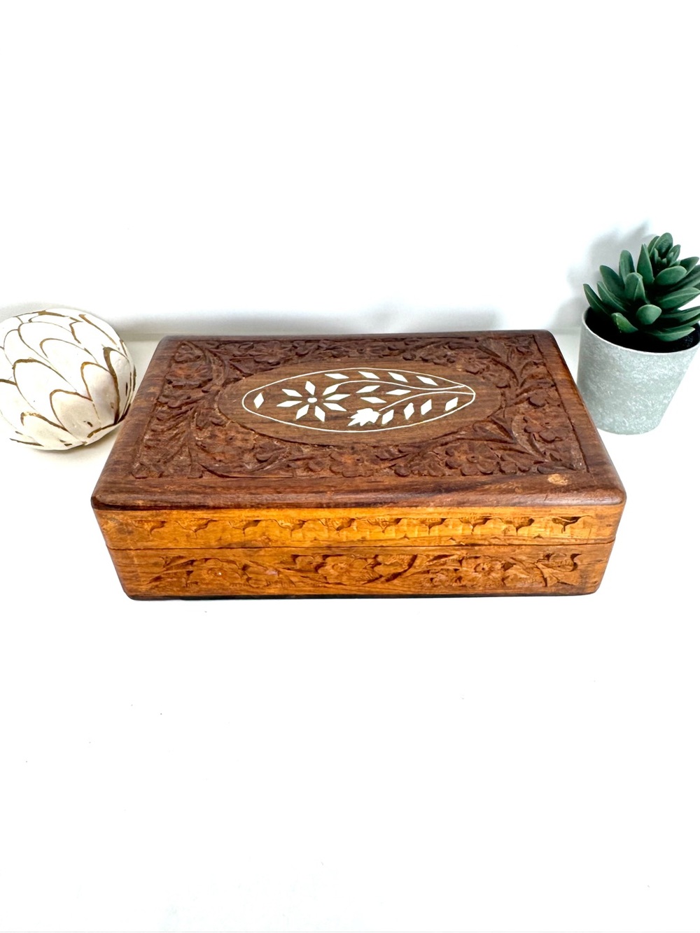 Hand Carved Wooden Jewelry Box With Floral Inlay